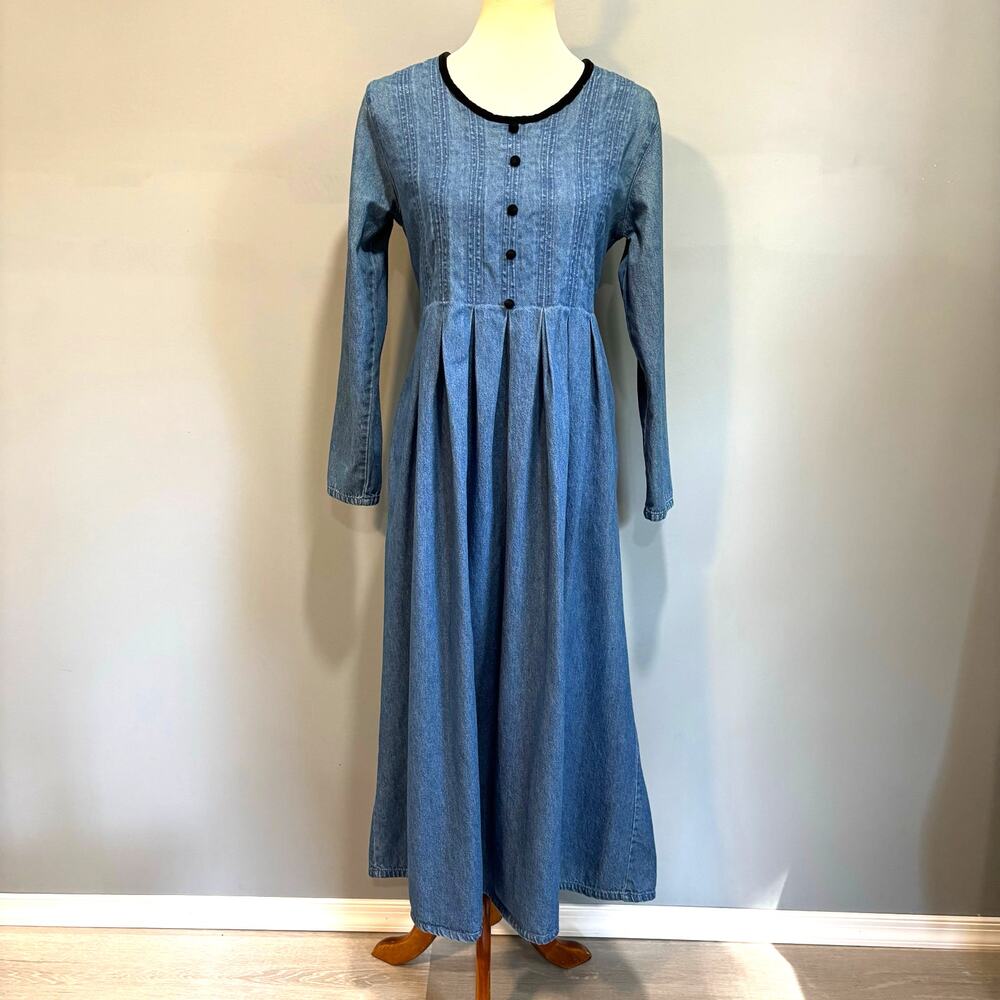 VTG Blue Denim Maxi Dress Button Front Pleated Cottage Modest Tradwife, Size 8